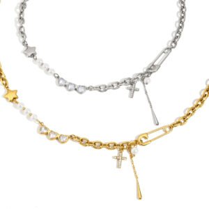 Chunky Paperclip Star Heart Cross Zircon Pearl Stainless Steel Choker