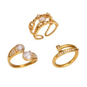 Stainless Steel Gold Plated Crystal Pearl Open Rings Set For Women