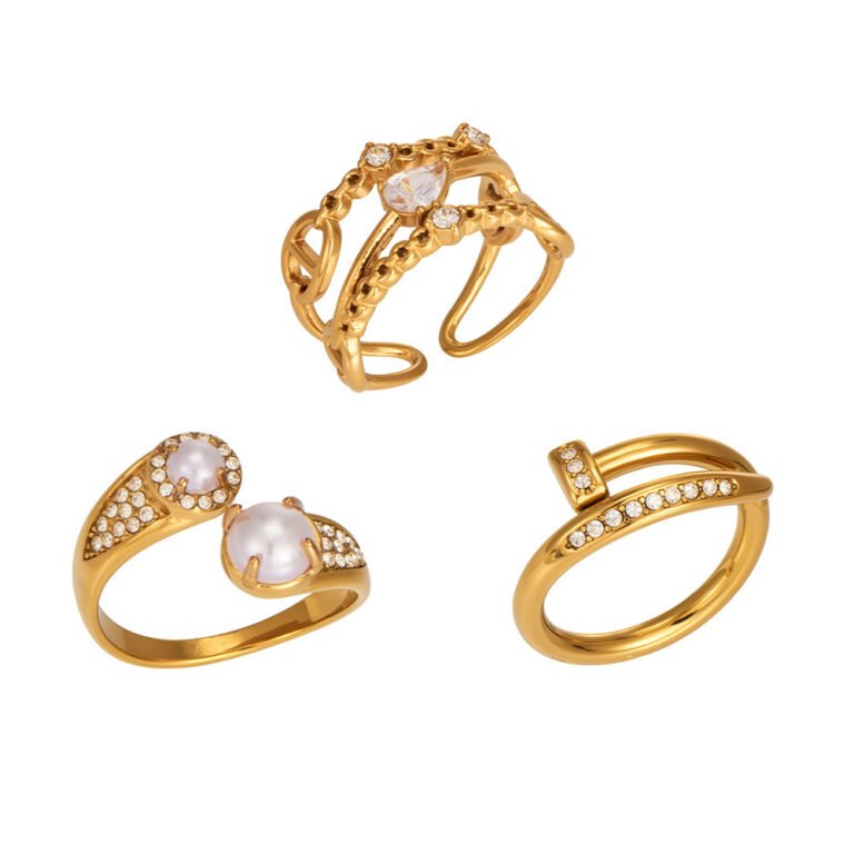 Stainless Steel Gold Plated Crystal Pearl Open Rings Set For Women