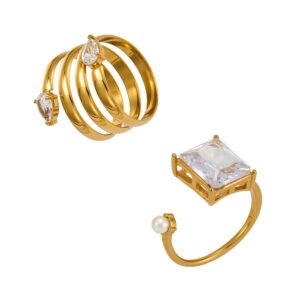 Multi-Layer Square Zircon Pearl Adjustable Gold Open Ring Set