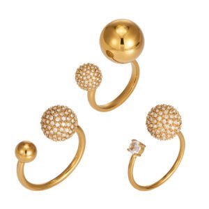 316L Stainless Steel Pave Zircon Ball Adjustable Gold Open Ring