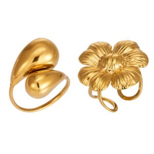 Oversized 3D Floral Teardrop 18K Gold Stainless Steel Open Ring Set