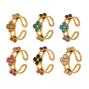 Four Leaf Clover Zircon Double Band Gold Stainless Steel Open Ring