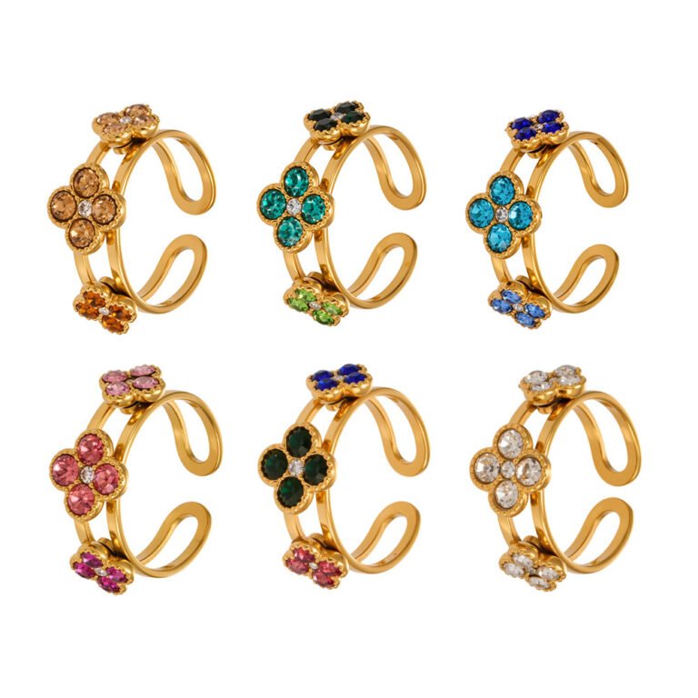 Four Leaf Clover Zircon Double Band Gold Stainless Steel Open Ring