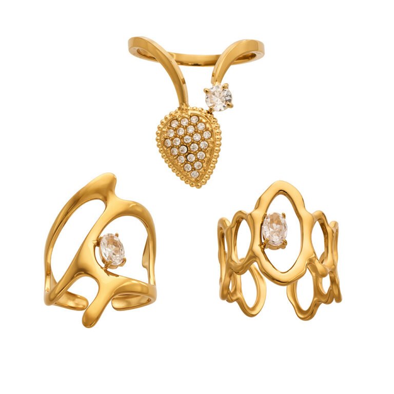 Abstract Hollow Heart Zircon 18K Gold Stainless Steel Open Rings