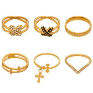 Bow Cross V-Shape Zircon 18K Gold Stainless Steel Rings