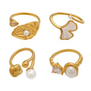 Ginkgo Leaf Pearl Zircon 18K Gold Stainless Steel Open Rings