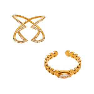 2Pcs Crisscross Zircon Wheat Leaf Gold Stainless Steel Open Ring Set