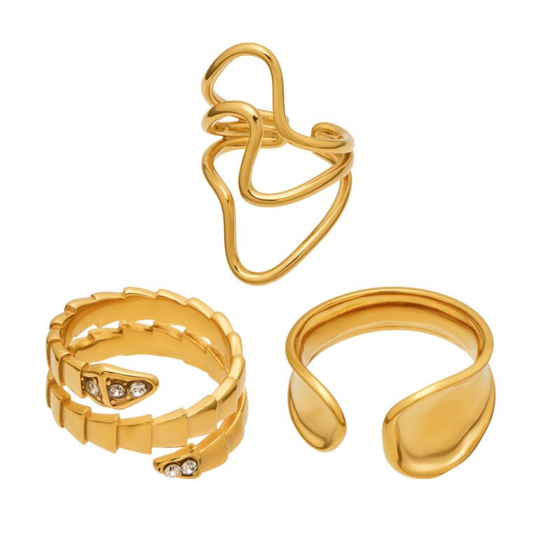 3Pcs Snake Zircon Abstract Hollow Gloss Gold Stainless Steel Open Ring Set