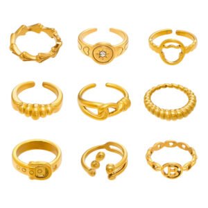 9Pcs Sun Letter B Bone Chain 18K Gold Stainless Steel Open Ring Set
