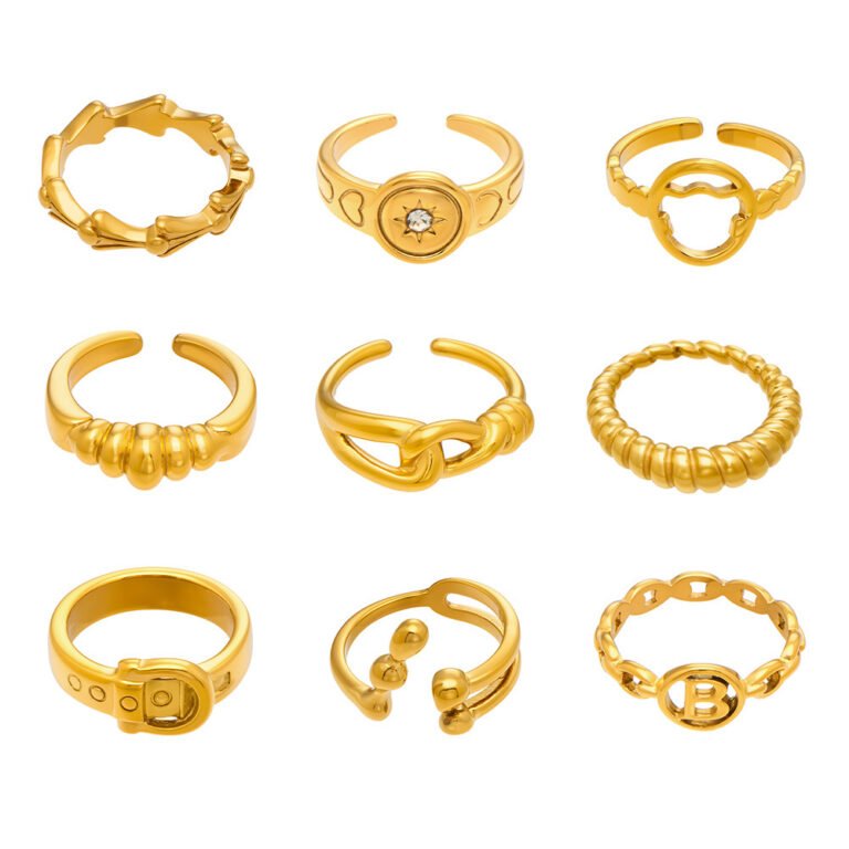 9Pcs Sun Letter B Bone Chain 18K Gold Stainless Steel Open Ring Set
