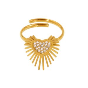 Sunburst Heart Paved Zircon 18K Gold Stainless Steel Open Ring