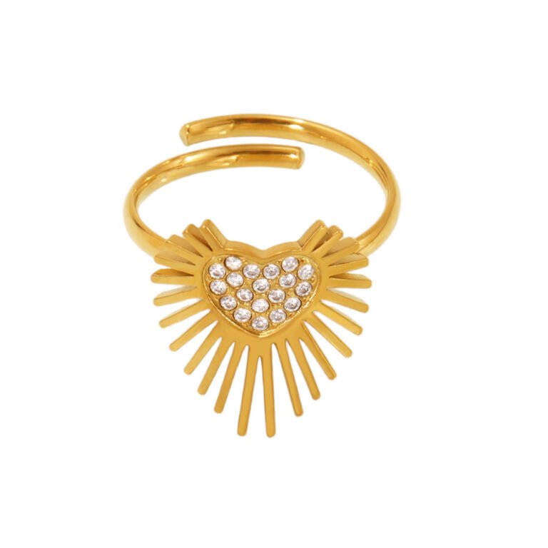 Sunburst Heart Paved Zircon 18K Gold Stainless Steel Open Ring