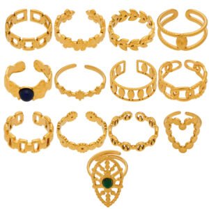 13Pcs Floral Chain Natural Stone 18K Gold Stainless Steel Open Ring Set