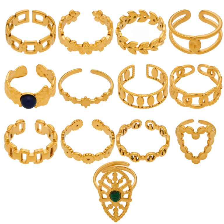 13Pcs Floral Chain Natural Stone 18K Gold Stainless Steel Open Ring Set