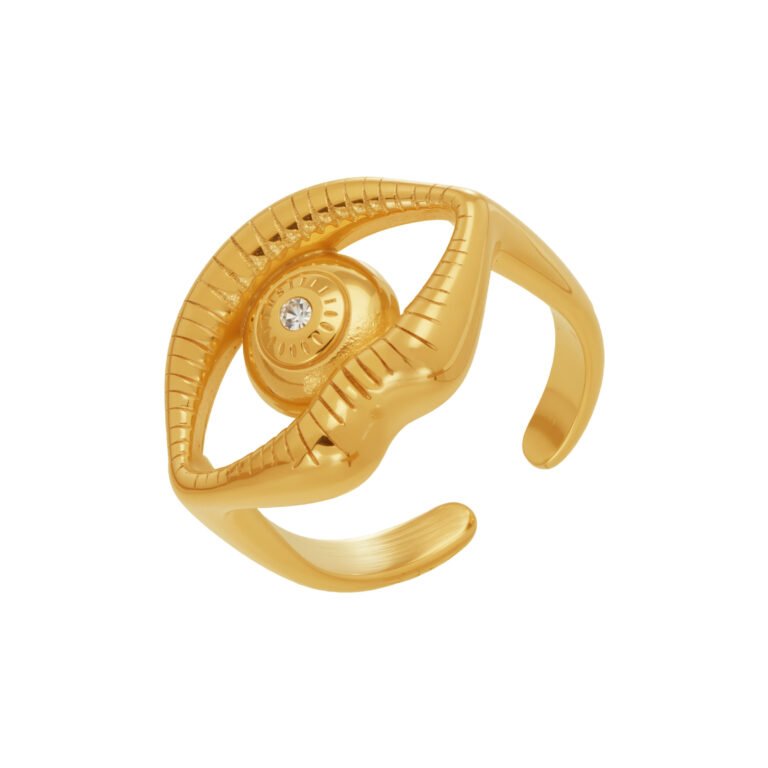 Textured Evil Eye Zircon Inlaid 18K Gold Stainless Steel Open Ring