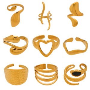 9Pcs Glossy Abstract Heart Snake Black Stone 18K Gold Stainless Steel Open Ring Set