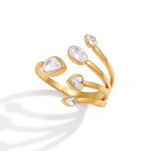 Multi-Tier Spiral Mixed Shape Zircon 18K Gold Stainless Steel Open Ring