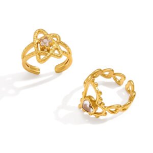 2Pcs Star Heart Pink Zircon Hollow 18K Gold Stainless Steel Open Ring Set