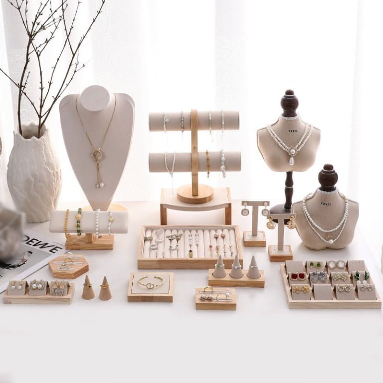 Comprehensive Beige Fabric & Wood Jewelry Display Set