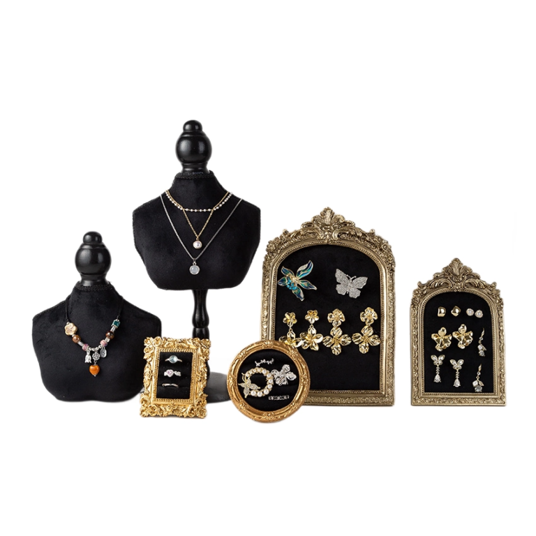 Vintage Baroque Gold Frame & Black Velvet Jewelry Display Set