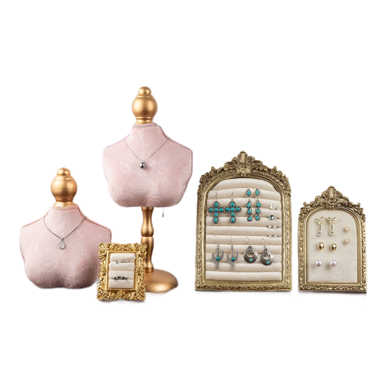 Vintage Baroque Gold & Pink Fabric Jewelry Display Set