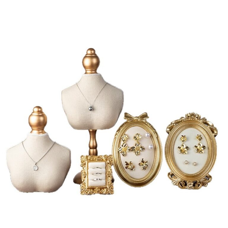 Vintage Gold & Beige Fabric Jewelry Display Set