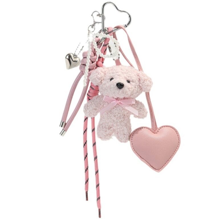 Multi-Element Pink Plush Bear & Heart Bag Charm