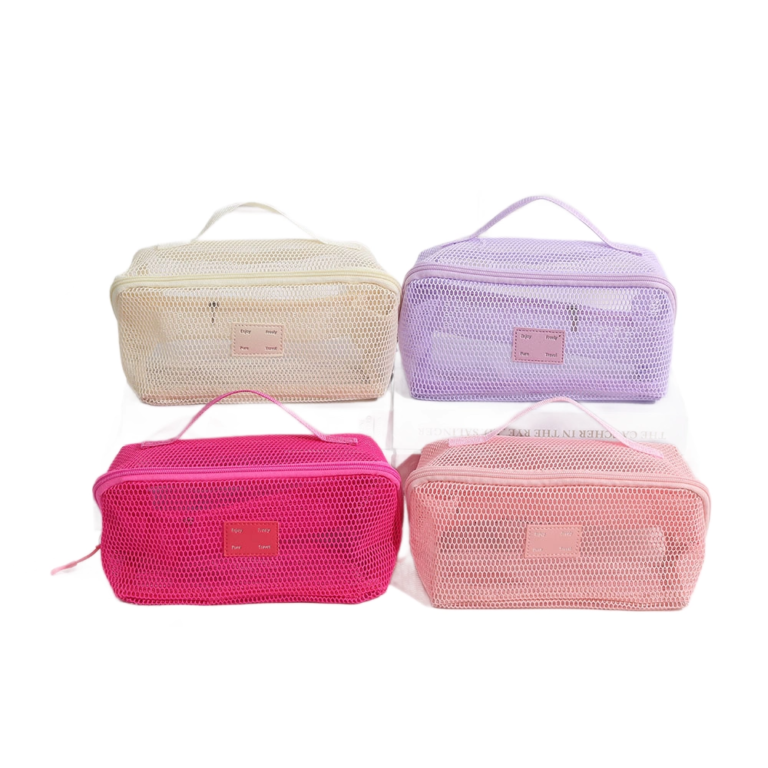 Pastel Mesh Rectangular Cosmetic Travel Pouch with Top Handle Makeup Bag