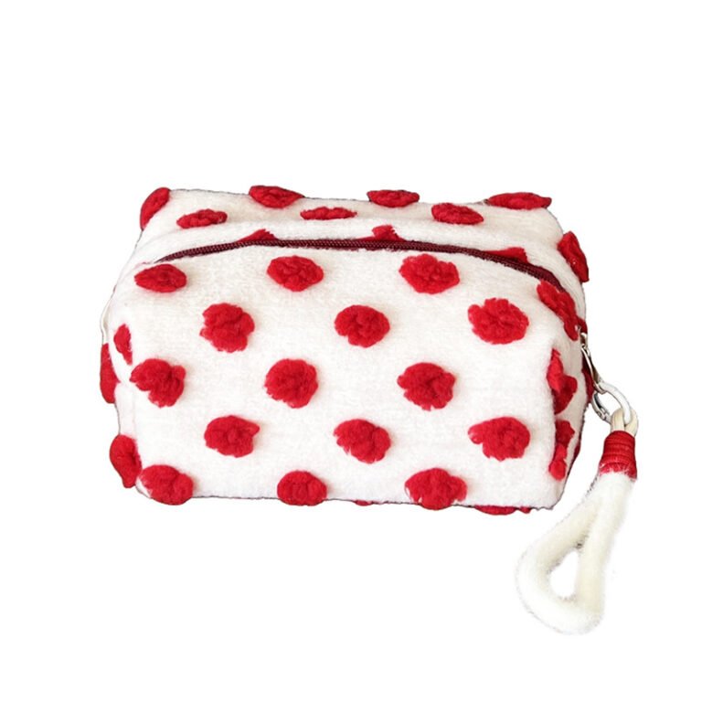 Plush White Cosmetic Pouch with Red Tufted Polka Dots