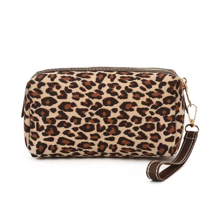 Leopard Print Rectangular Cosmetic Pouch with Detachable Wristlet