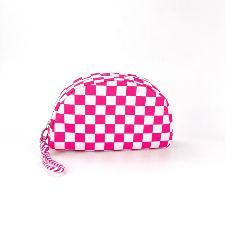 Hot Pink Checkerboard Half-Moon Cosmetic Pouch