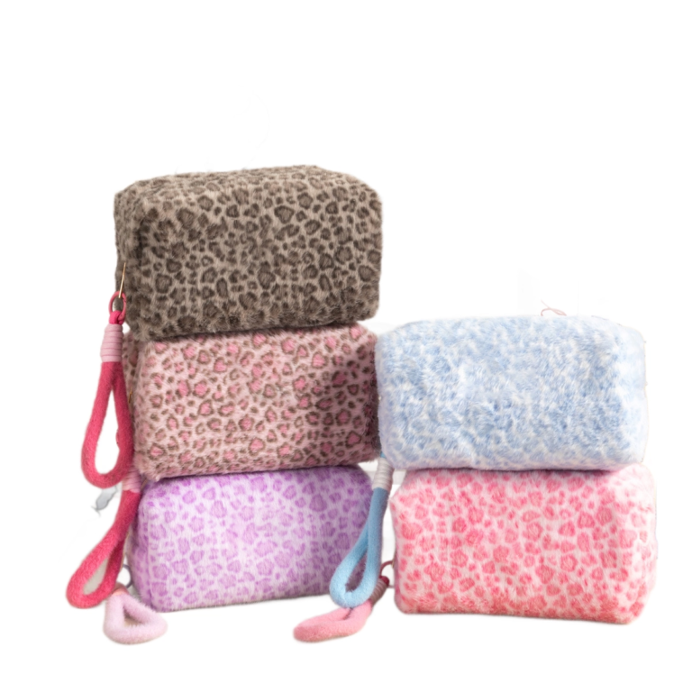 Plush Pastel Leopard Print Cosmetic Pouch with Wristlet