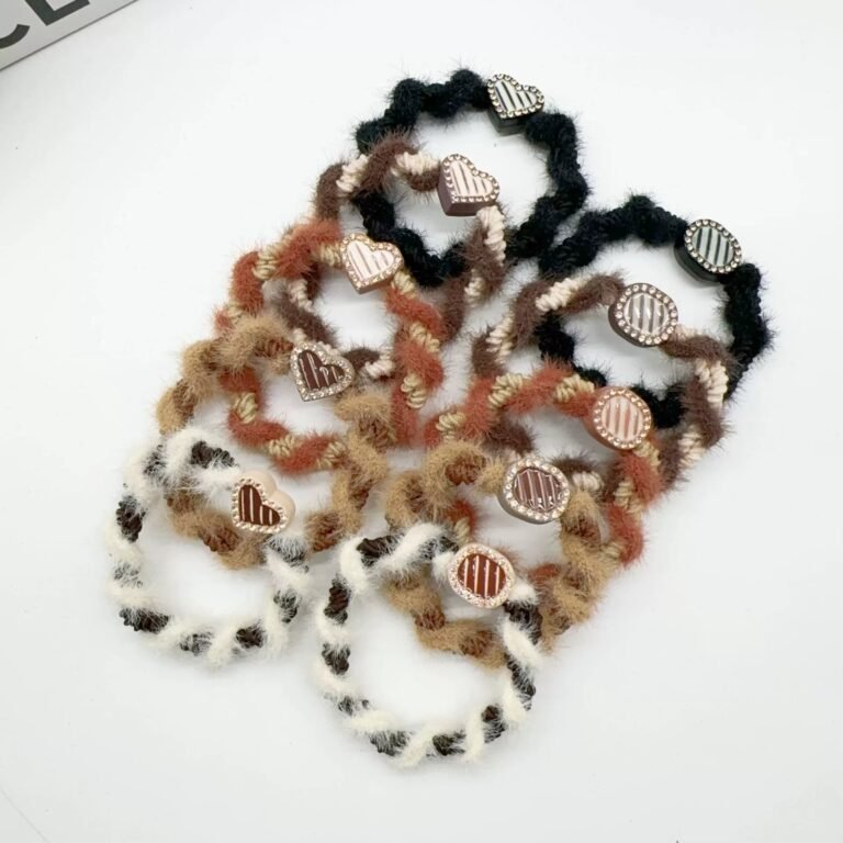 6 Colors Fuzzy Yarn Rhinestone Heart Elastic Hair Ties
