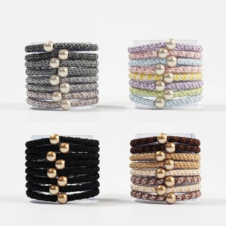 Metallic Woven Elastic Hair Tie Set with Pearl Accents in Cylinder Packaging