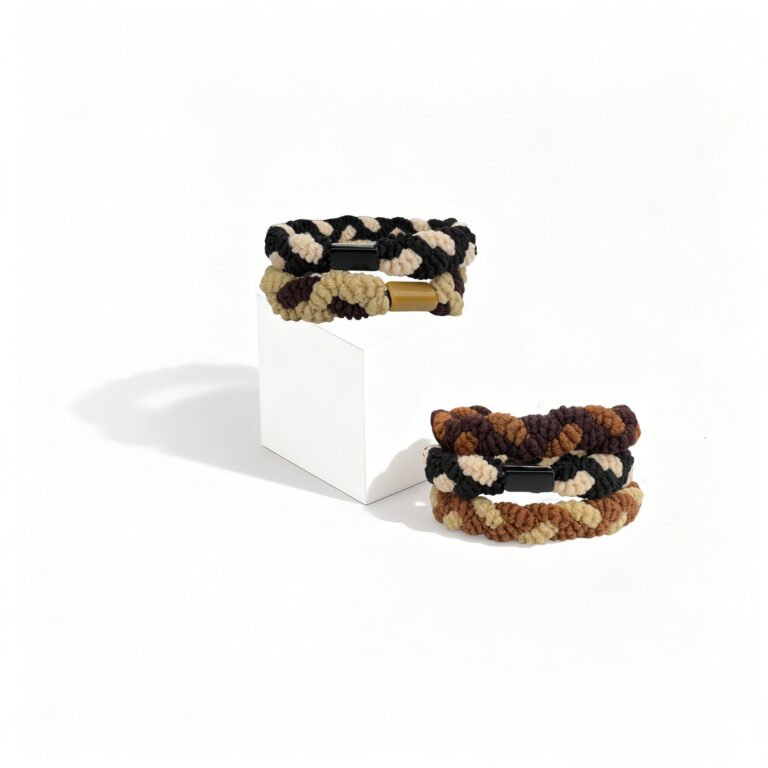 Thick Bicolor Braided Neutral Elastic Hair Ties with Geometric Resin Stopper