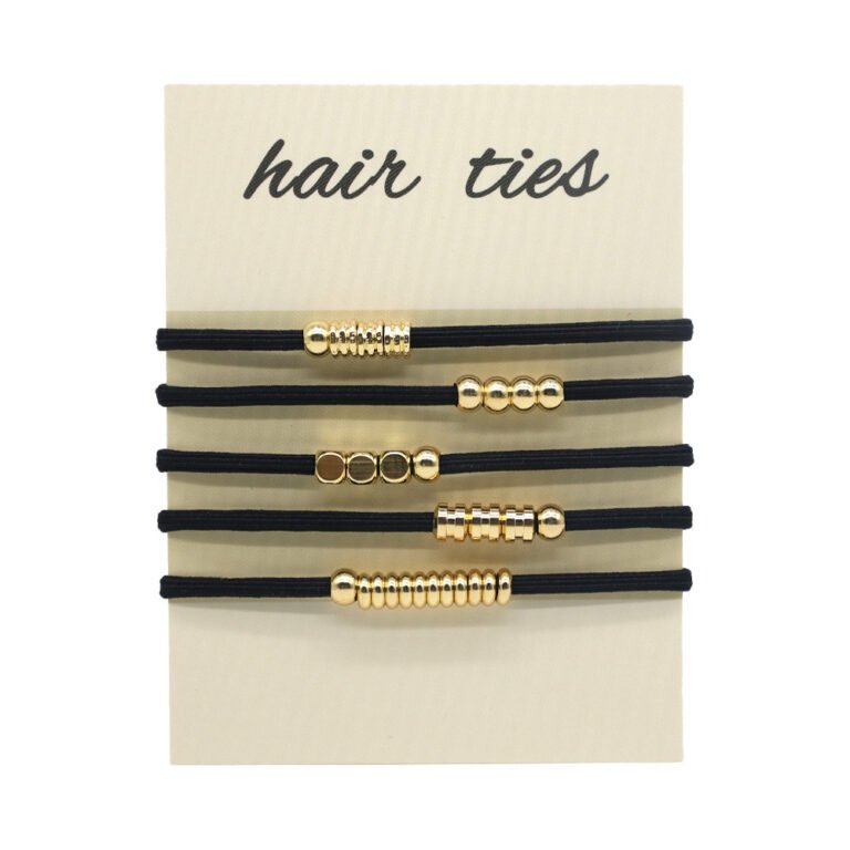 5-Piece Dual-Use Thin Elastic Hair Tie Bracelet Set with Gold Beads