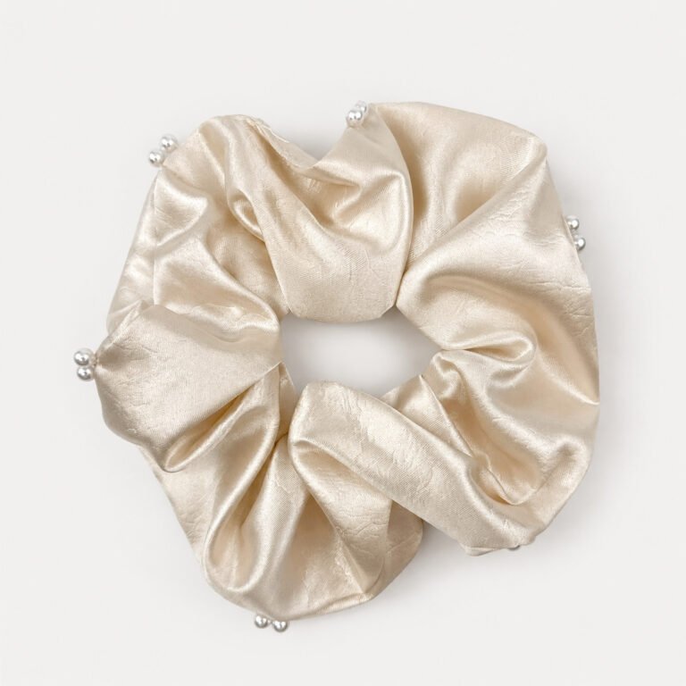 Oversized White Silky Satin Scrunchie with Delicate Pearl Bead Accents