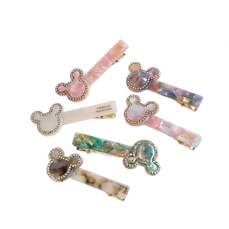 6 Colors Rhinestone Mickey Marbled Acetate Hair Barrettes