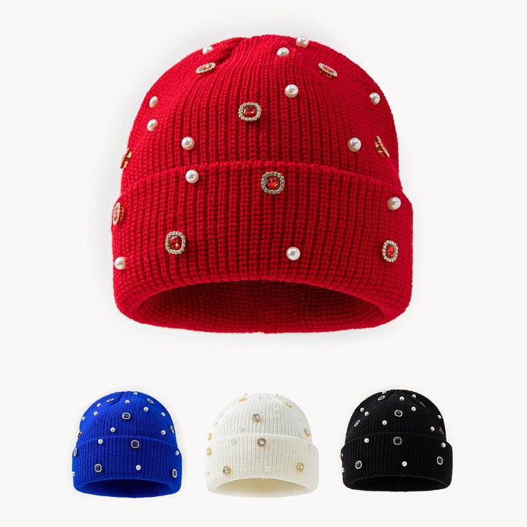 Ribbed Knit Cuffed Winter Beanie with Faux Pearls and Jeweled Embellishments