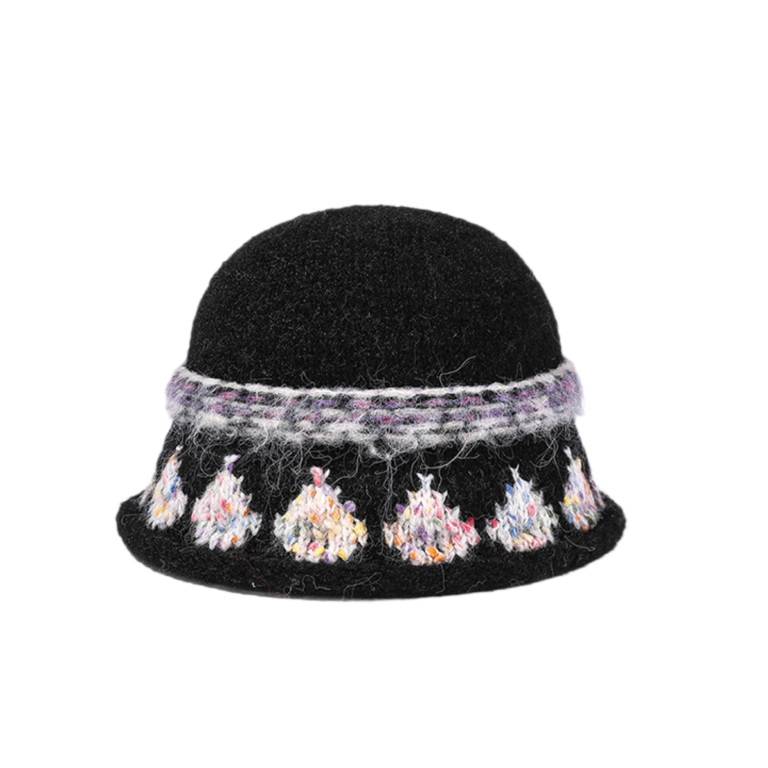 Black Felted Cloche Bucket Hat with Multicolored Yarn Embroidery