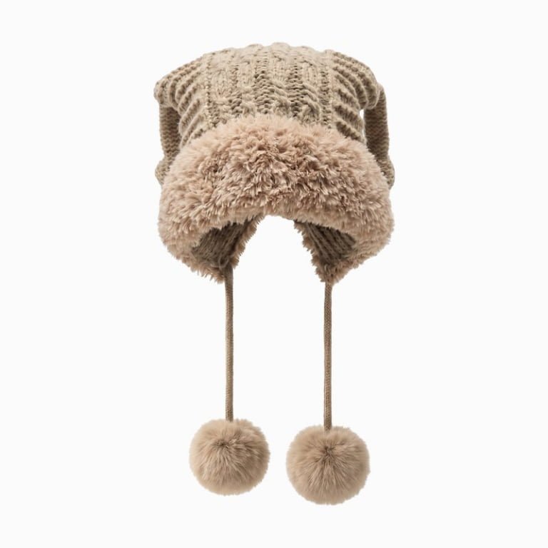 Ribbed Knit Trapper Hat with Faux Fur Trim and Pom-Pom Ties