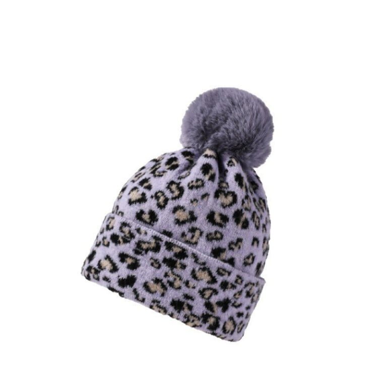 Cuffed Leopard Print Knit Winter Beanie with Faux Fur Pom-Pom