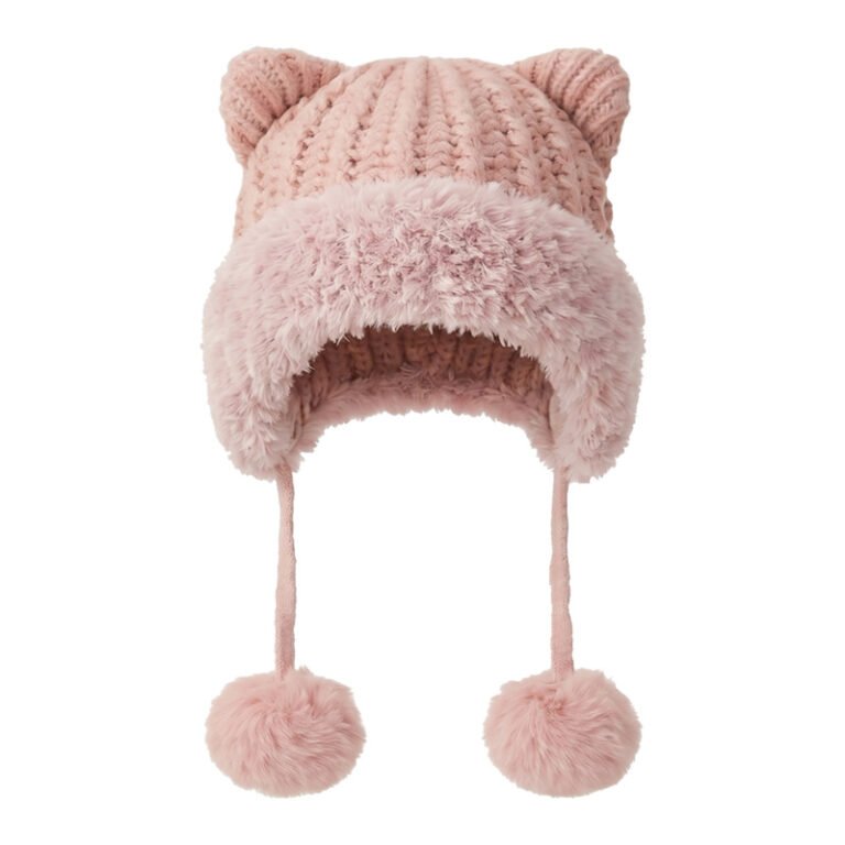 Ribbed Knit Earflap Trapper Hat with Animal Ears and Faux Fur Pom-Poms
