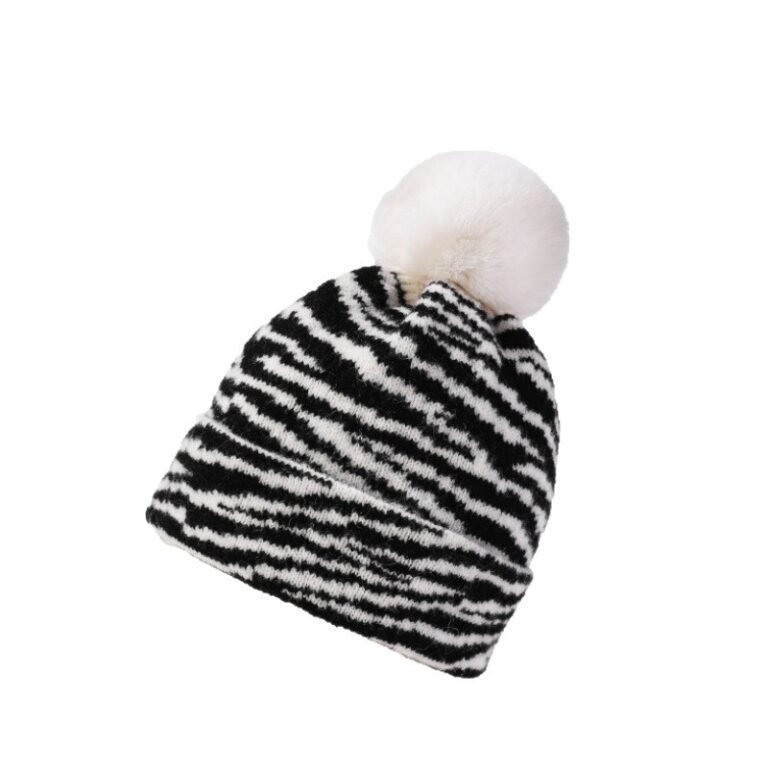 Cuffed Zebra Stripe Knit Winter Beanie with Faux Fur Pom-Pom