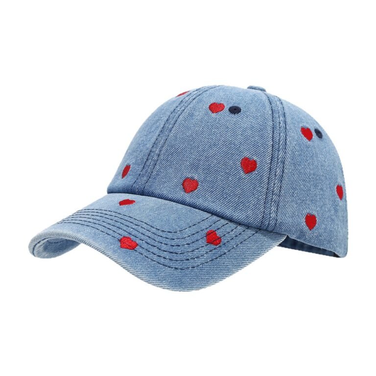 Washed Denim Baseball Cap with Embroidered Red Hearts