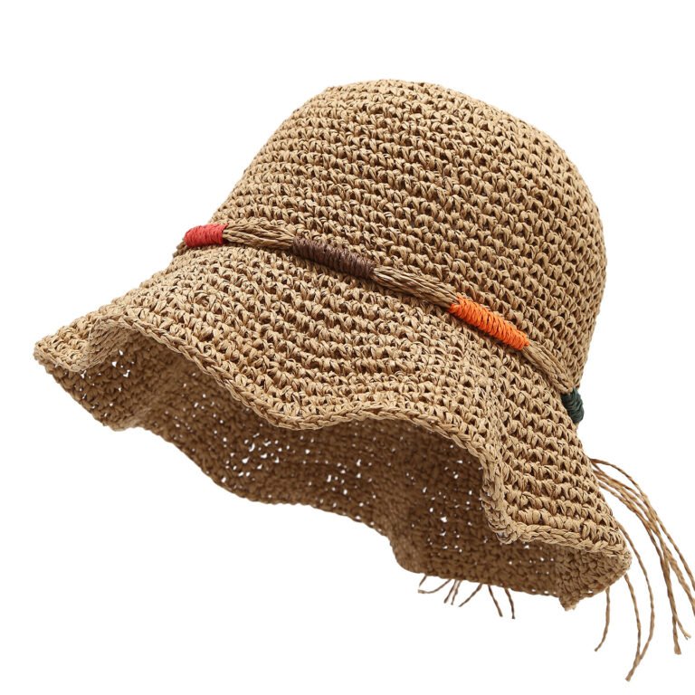 Woven Straw Bucket Hat with Colorful Thread Accents and Fringed Tie