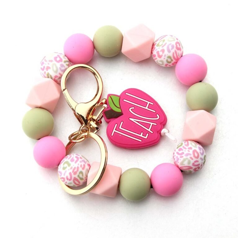 Pastel Beaded “TEACH” Apple Wristlet & Keychain