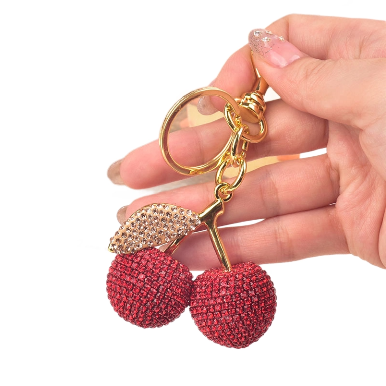 Rhinestone Encrusted Cherry Charm Keychain