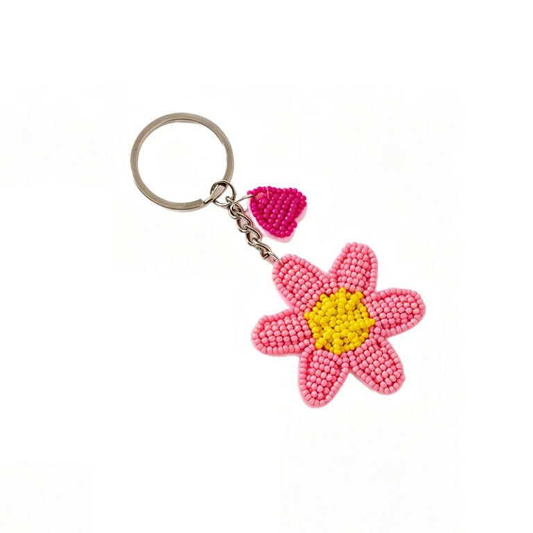 Beaded Flower & Heart Charm Keychain